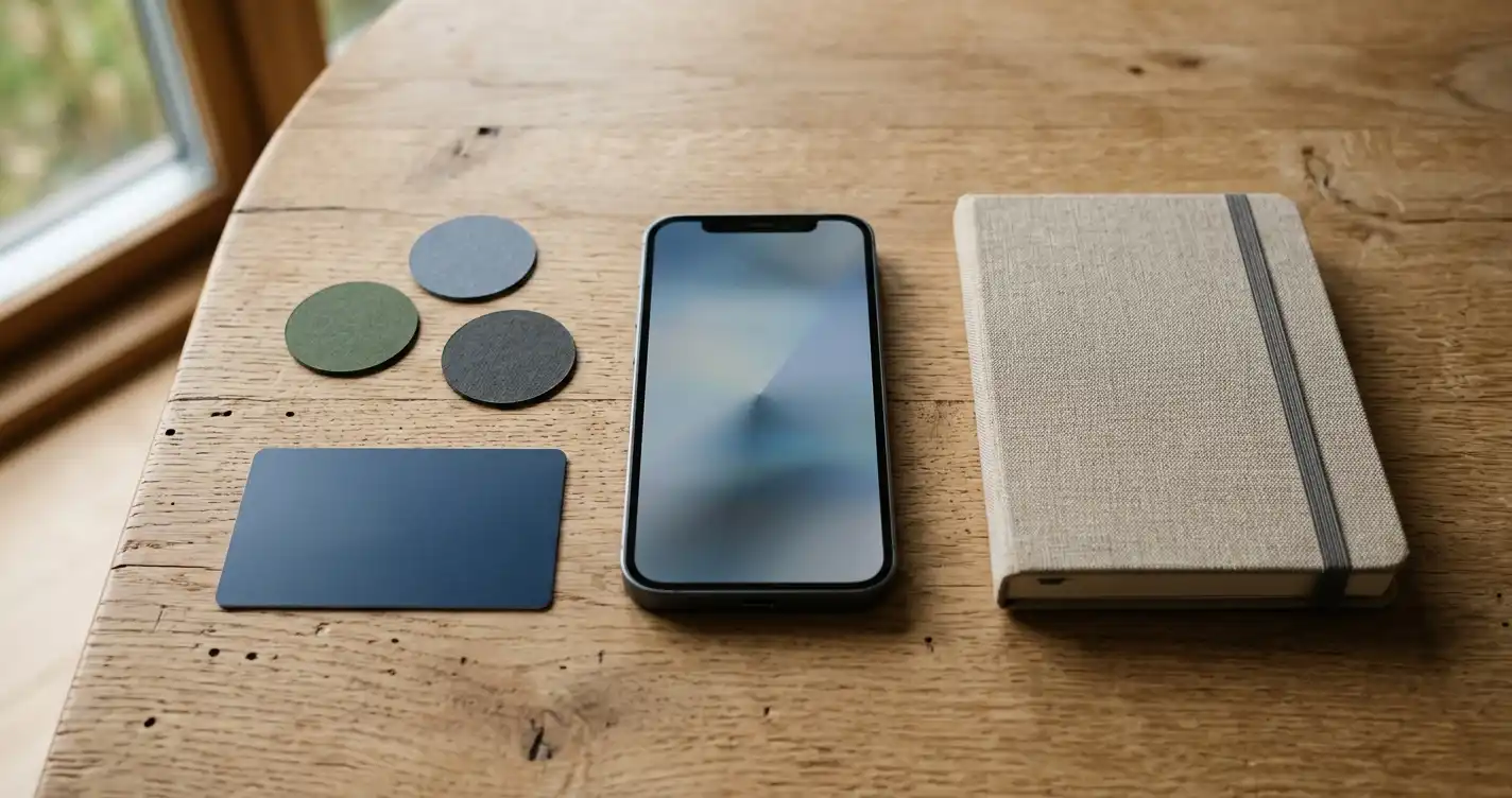 Ett neutralt betalkort, en smartphone och några omärkta anteckningslappar på ett bord