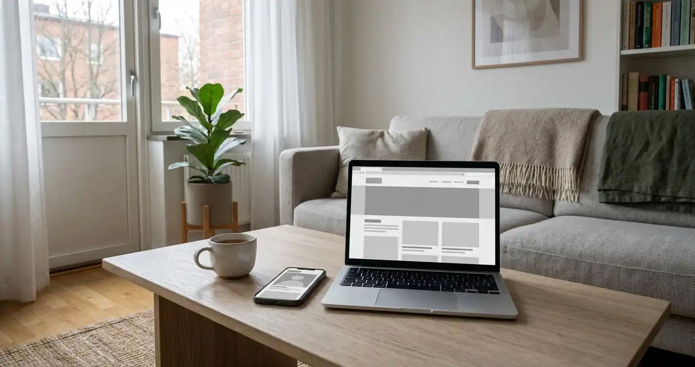 En mobiltelefon och en bärbar dator på ett ljust vardagsrumsbord med neutrala webbläsarfönster