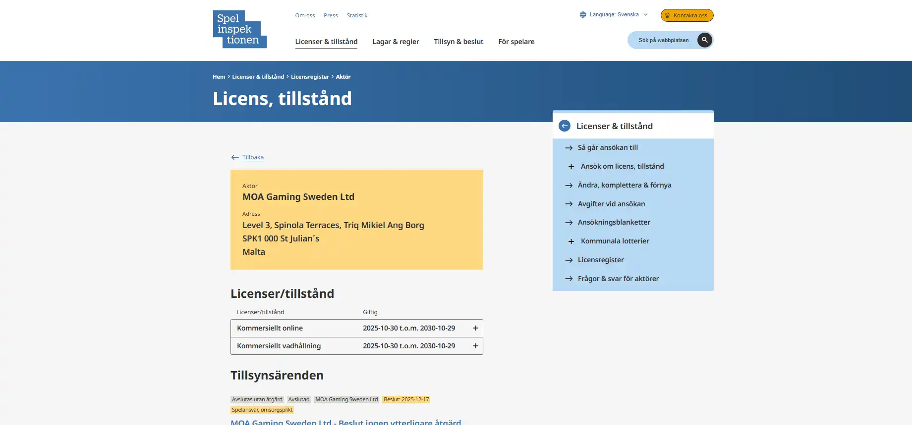 Spelinspektionens registervy med bolagsnamnet MOA Gaming Sweden Ltd